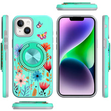 For iPhone 13/14 Case Printed Design Magnetic Bling Ring Stand + Tempered Glass