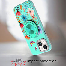 For iPhone 13/14 Case Printed Design Magnetic Bling Ring Stand + Tempered Glass