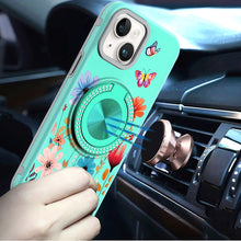 For iPhone 13/14 Case Printed Design Magnetic Bling Ring Stand + Tempered Glass