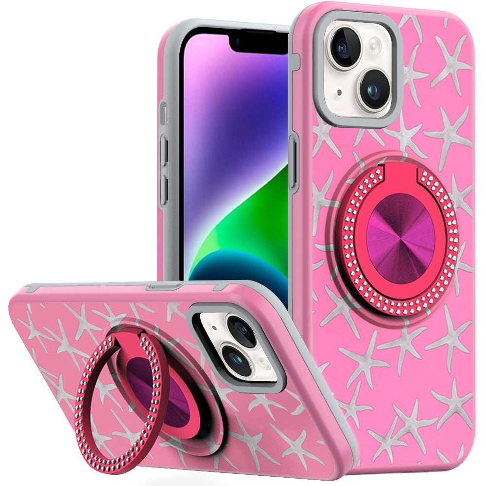 For iPhone 13/14 Case Printed Design Magnetic Bling Ring Stand + Tempered Glass