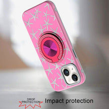 For iPhone 13/14 Case Printed Design Magnetic Bling Ring Stand + Tempered Glass