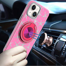 For iPhone 13/14 Case Printed Design Magnetic Bling Ring Stand + Tempered Glass