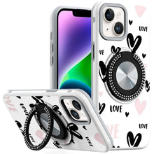 For iPhone 13/14 Case Printed Design Magnetic Bling Ring Stand + Tempered Glass