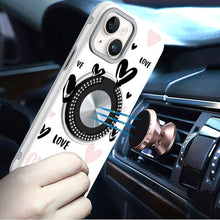 For iPhone 13/14 Case Printed Design Magnetic Bling Ring Stand + Tempered Glass