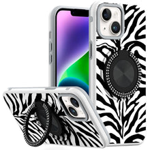 For iPhone 13/14 Case Printed Design Magnetic Bling Ring Stand + Tempered Glass