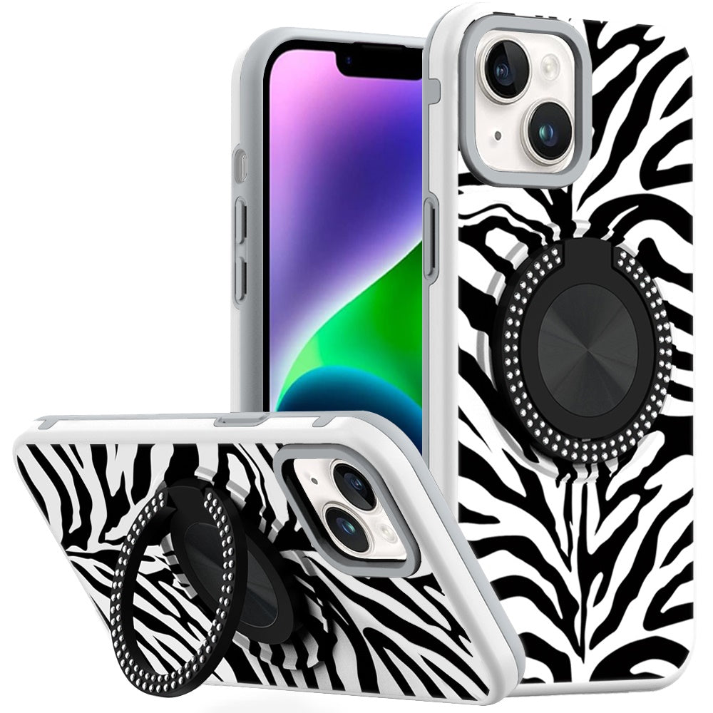For iPhone 13/14 Case Printed Design Magnetic Bling Ring Stand + Tempered Glass