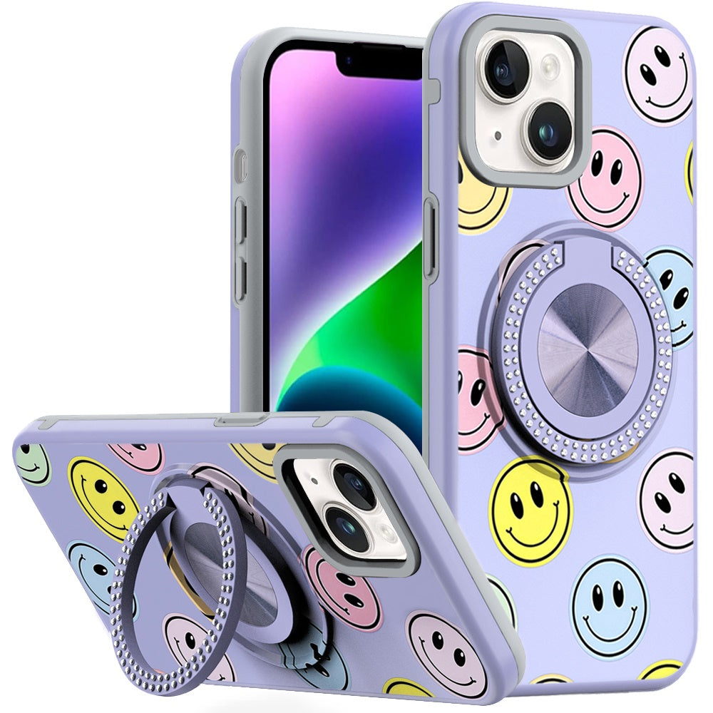 For iPhone 13/14 Case Printed Design Magnetic Bling Ring Stand + Tempered Glass