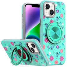 For iPhone 13/14 Case Printed Design Magnetic Bling Ring Stand + Tempered Glass