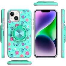 For iPhone 13/14 Case Printed Design Magnetic Bling Ring Stand + Tempered Glass