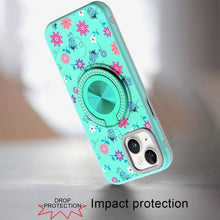 For iPhone 13/14 Case Printed Design Magnetic Bling Ring Stand + Tempered Glass