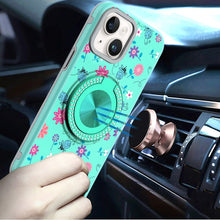 For iPhone 13/14 Case Printed Design Magnetic Bling Ring Stand + Tempered Glass