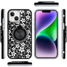 For iPhone 13/14 Case Printed Design Magnetic Bling Ring Stand + Tempered Glass