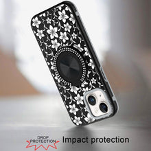 For iPhone 13/14 Case Printed Design Magnetic Bling Ring Stand + Tempered Glass