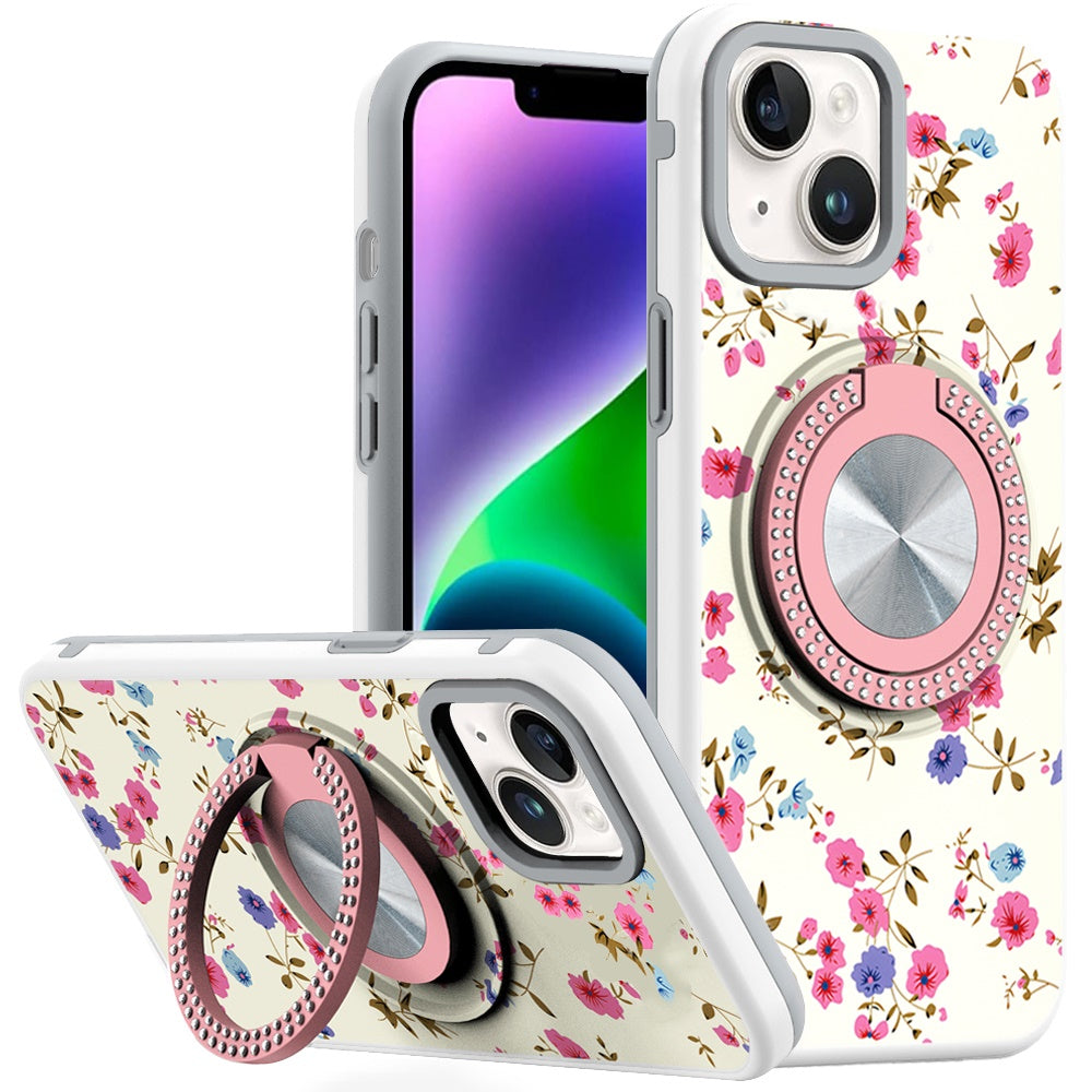 For iPhone 13/14 Case Printed Design Magnetic Bling Ring Stand + Tempered Glass