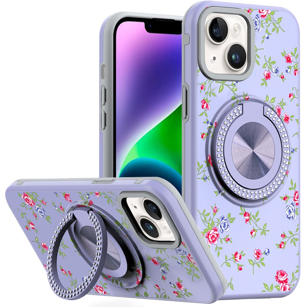 For iPhone 13/14 Case Printed Design Magnetic Bling Ring Stand + Tempered Glass