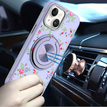 For iPhone 13/14 Case Printed Design Magnetic Bling Ring Stand + Tempered Glass