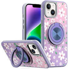 For iPhone 13/14 Case Printed Design Magnetic Bling Ring Stand + Tempered Glass
