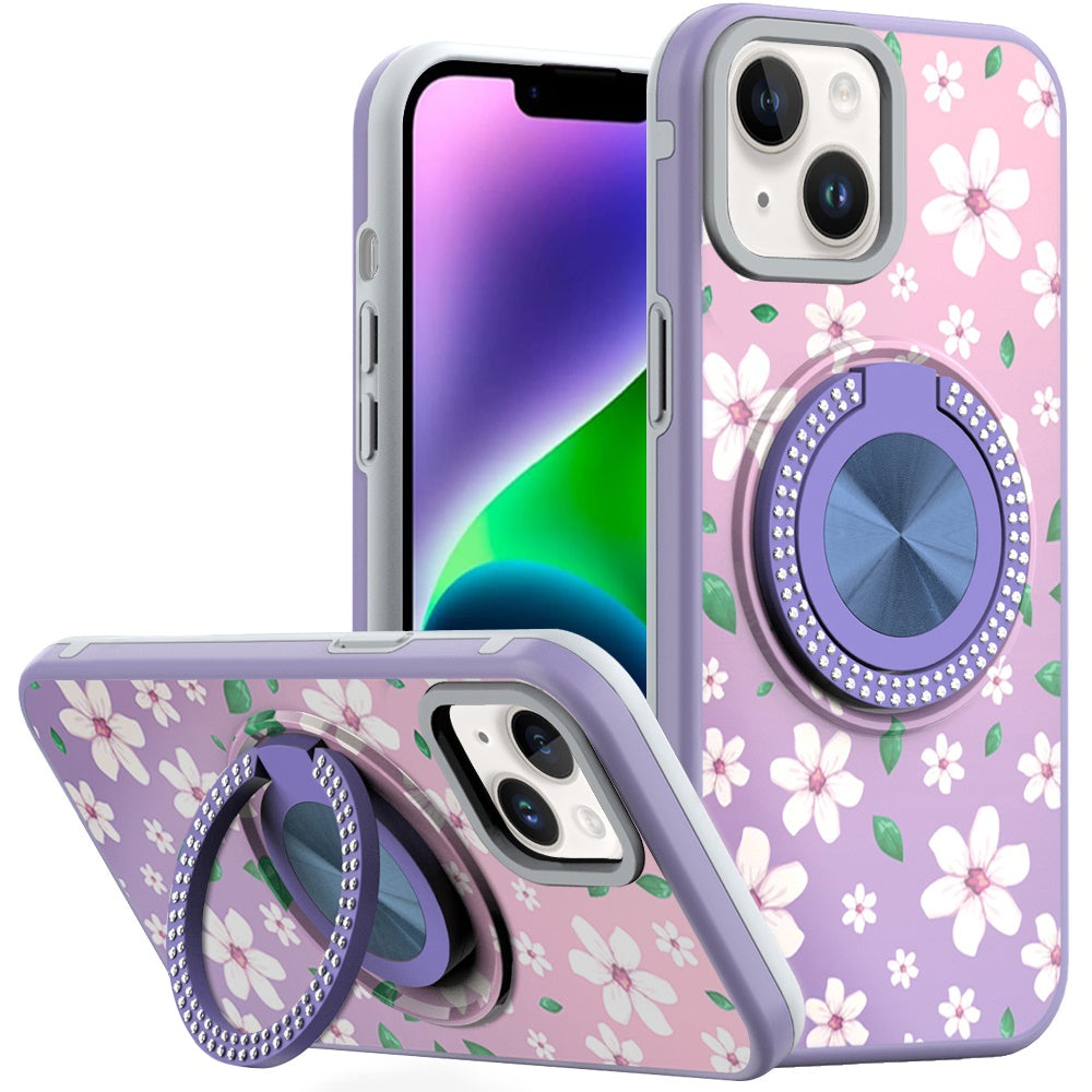 For iPhone 13/14 Case Printed Design Magnetic Bling Ring Stand + Tempered Glass