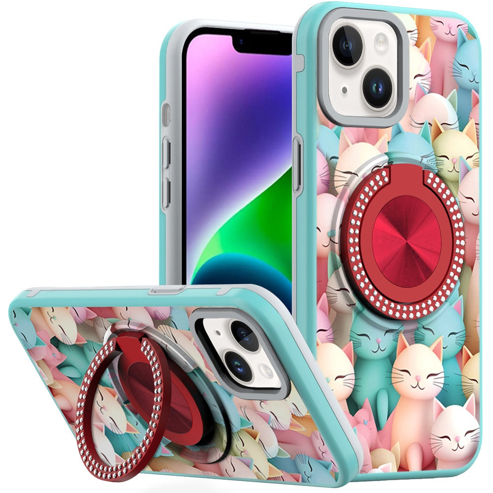 For iPhone 13/14 Case Printed Design Magnetic Bling Ring Stand + Tempered Glass