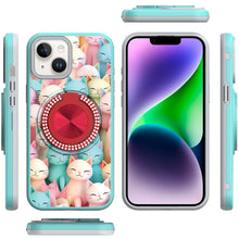 For iPhone 13/14 Case Printed Design Magnetic Bling Ring Stand + Tempered Glass