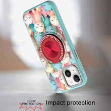 For iPhone 13/14 Case Printed Design Magnetic Bling Ring Stand + Tempered Glass