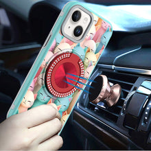 For iPhone 13/14 Case Printed Design Magnetic Bling Ring Stand + Tempered Glass