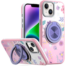 For iPhone 13/14 Case Printed Design Magnetic Bling Ring Stand + Tempered Glass