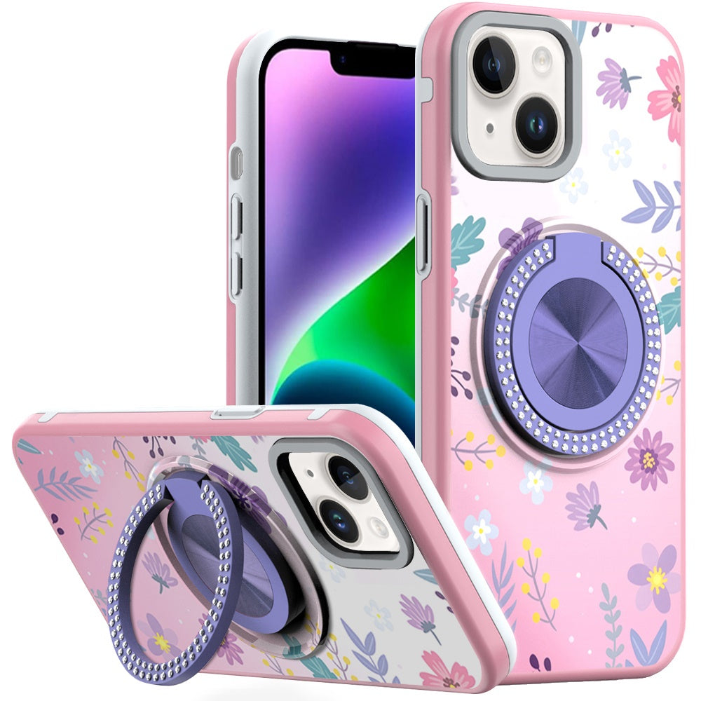 For iPhone 13/14 Case Printed Design Magnetic Bling Ring Stand + Tempered Glass