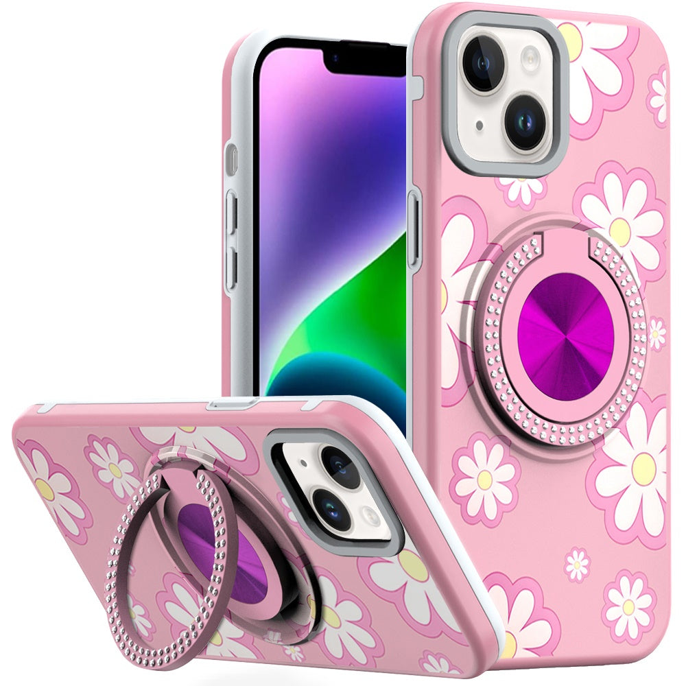 For iPhone 13/14 Case Printed Design Magnetic Bling Ring Stand + Tempered Glass