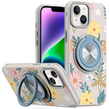 For iPhone 13/14 Case Printed Design Magnetic Bling Ring Stand + Tempered Glass