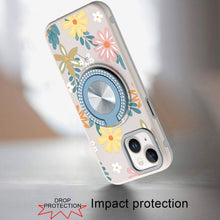 For iPhone 13/14 Case Printed Design Magnetic Bling Ring Stand + Tempered Glass