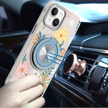 For iPhone 13/14 Case Printed Design Magnetic Bling Ring Stand + Tempered Glass