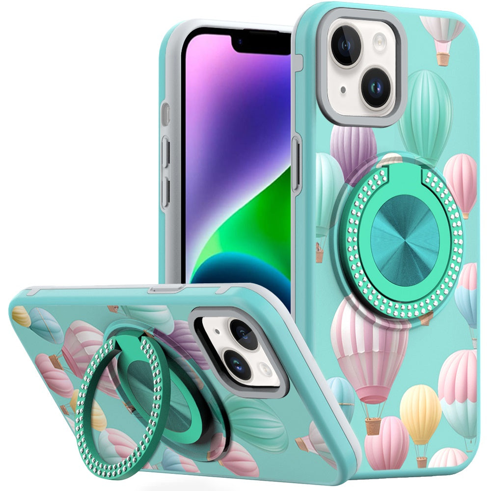 For iPhone 13/14 Case Printed Design Magnetic Bling Ring Stand + Tempered Glass