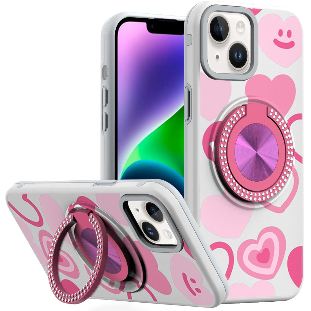 For iPhone 13/14 Case Printed Design with Bling 360 Stand Cover + Tempered Glass