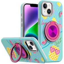 For iPhone 13/14 Case Printed Design Magnetic Bling Ring Stand + Tempered Glass
