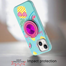 For iPhone 13/14 Case Printed Design Magnetic Bling Ring Stand + Tempered Glass