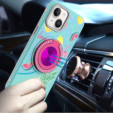 For iPhone 13/14 Case Printed Design Magnetic Bling Ring Stand + Tempered Glass