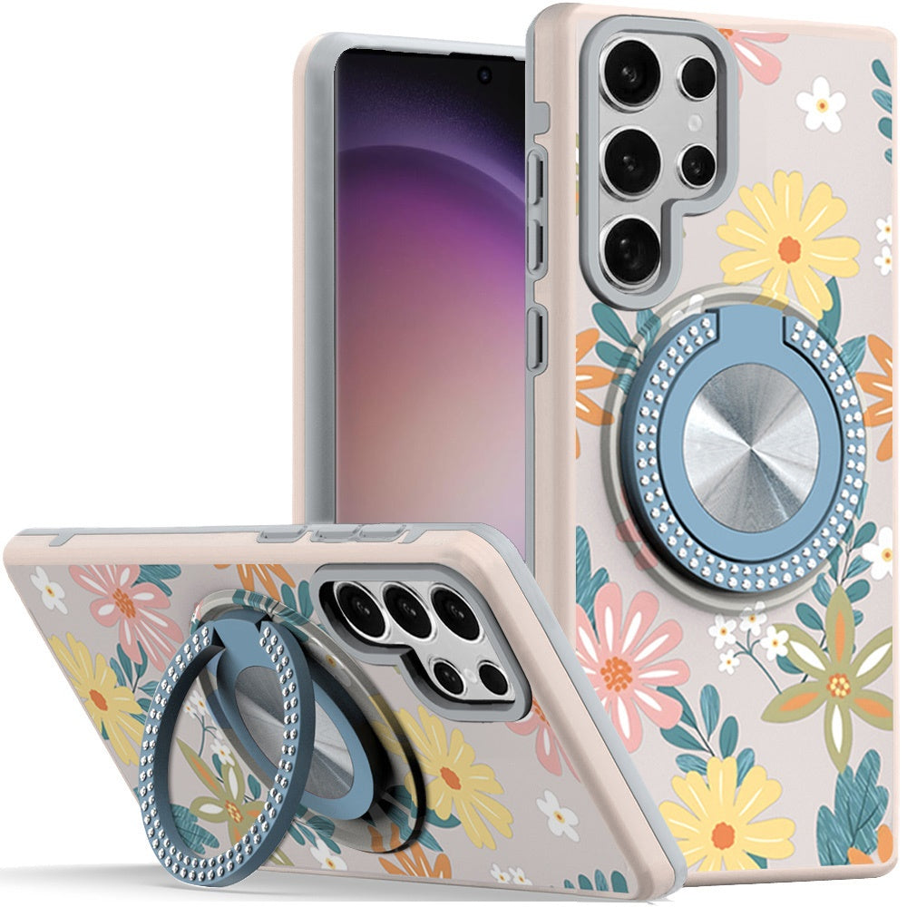 For Samsung S23 Ultra Case Printed No Fade Design on Magnetic Bling Circle Stand