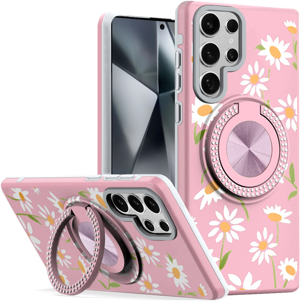 Samsung Galaxy S24 Ultra Case Printed Design Magnetic Bling Circle Stand Cover