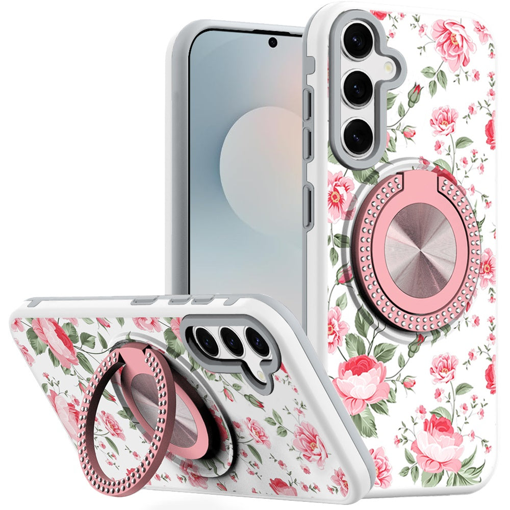 For Samsung S25 FE Case Printed Magnetic Bling Ring Stand Cover + Tempered Glass