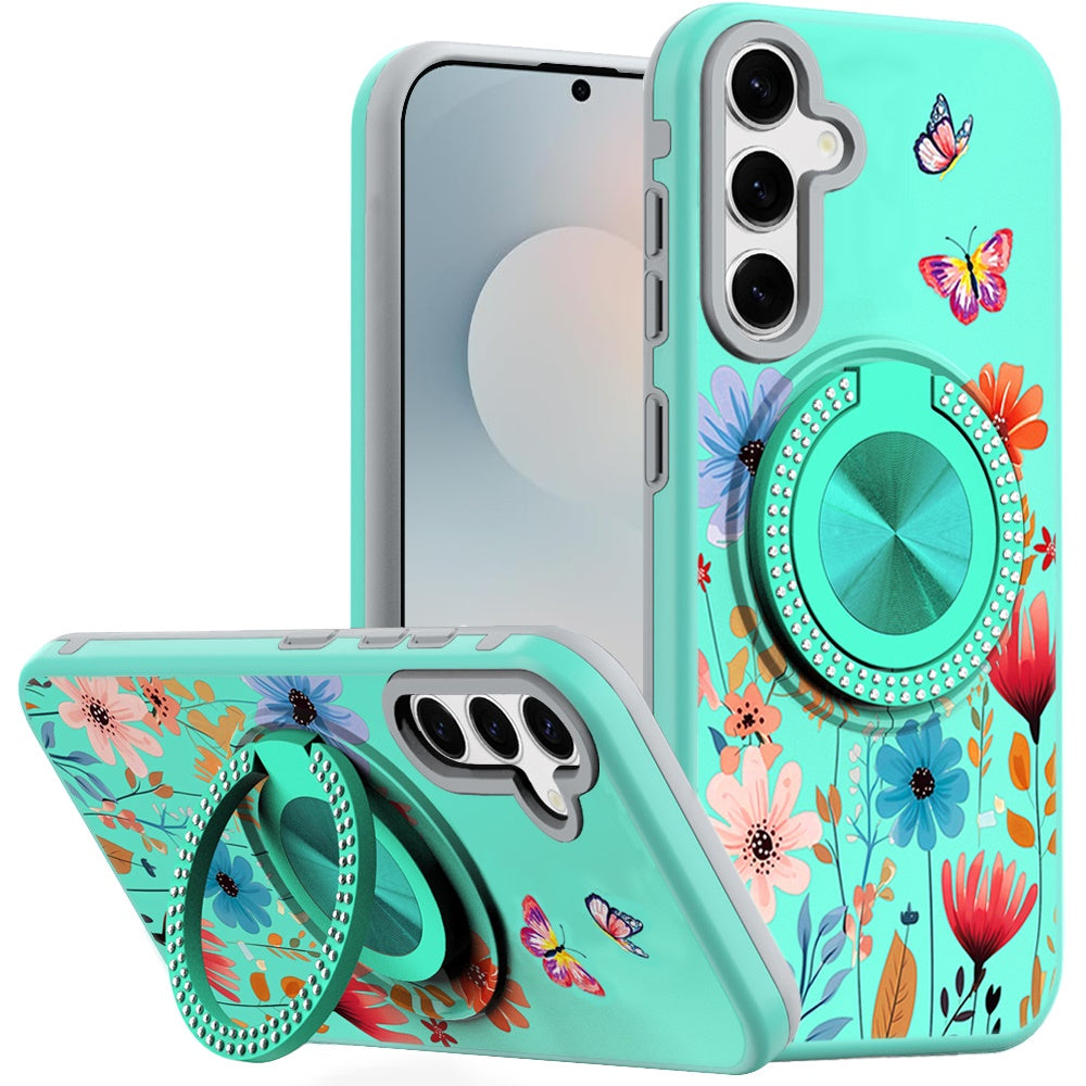 For Samsung S25 FE Case Printed Magnetic Bling Ring Stand Cover + Tempered Glass