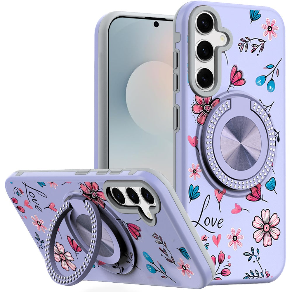 For Samsung S25 FE Case Printed Magnetic Bling Ring Stand Cover + Tempered Glass