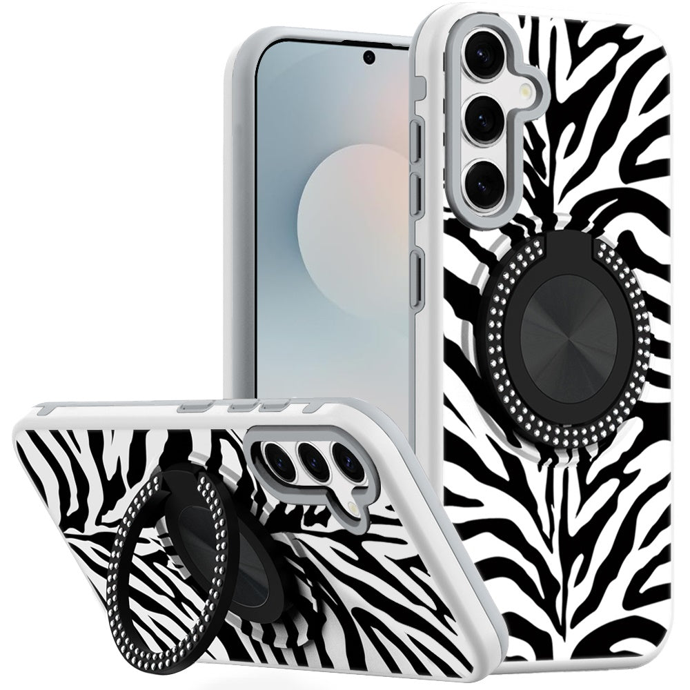 For Samsung S25 FE Case Printed Magnetic Bling Ring Stand Cover + Tempered Glass