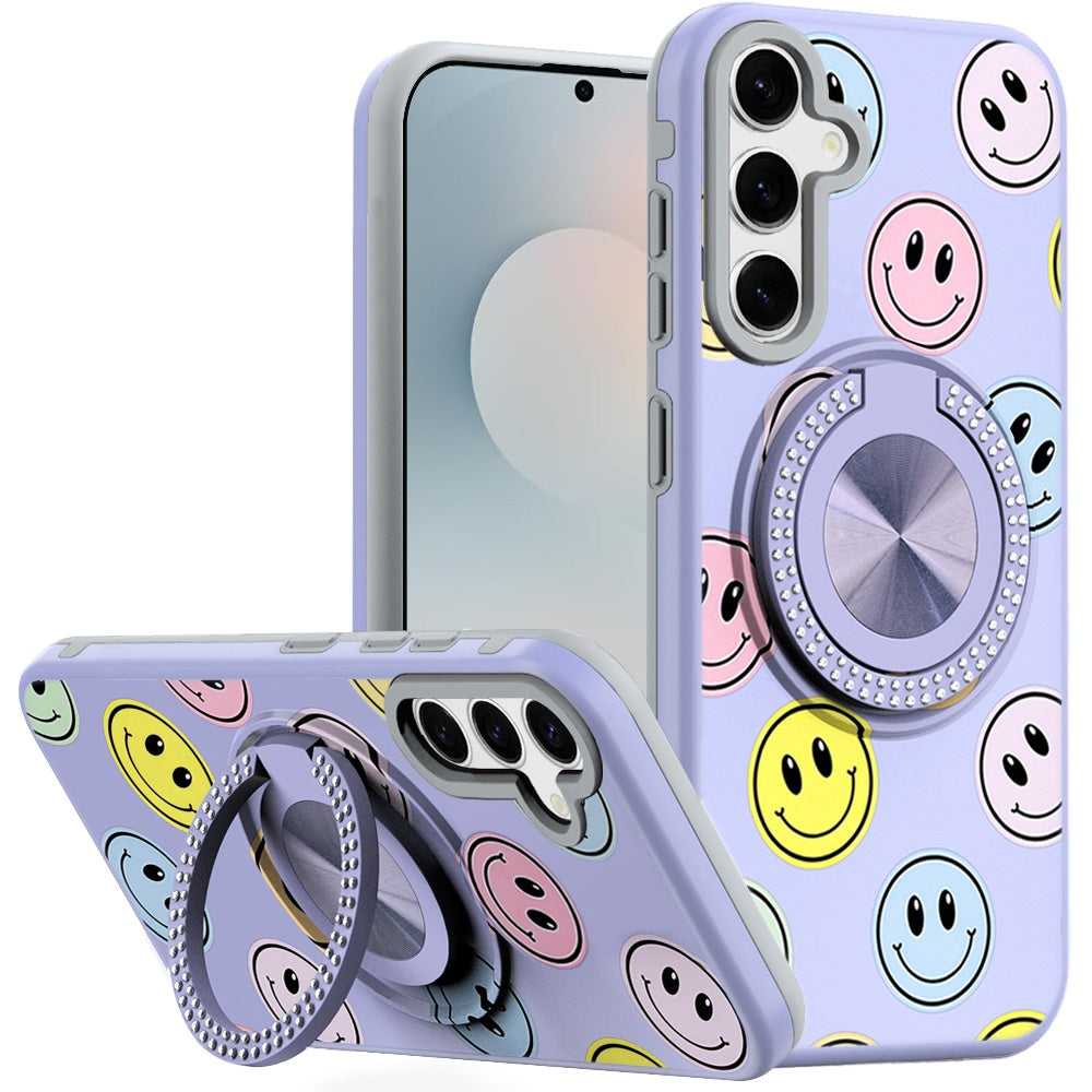 For Samsung S25 FE Case Printed Magnetic Bling Ring Stand Cover + Tempered Glass