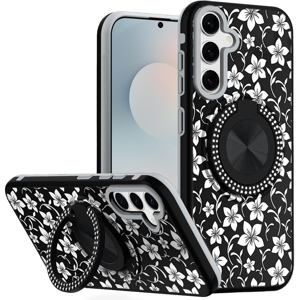 For Samsung S25 FE Case Printed Magnetic Bling Ring Stand Cover + Tempered Glass