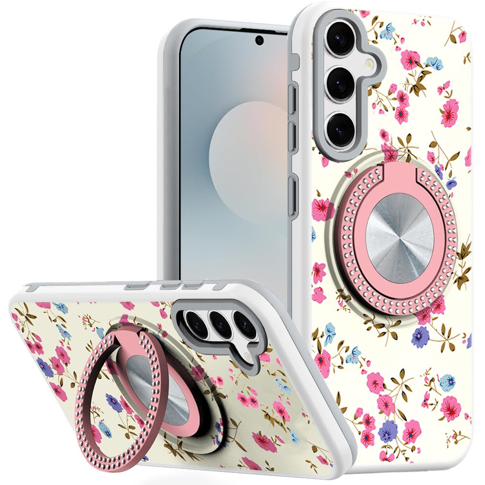 For Samsung S25 FE Case Printed Magnetic Bling Ring Stand Cover + Tempered Glass