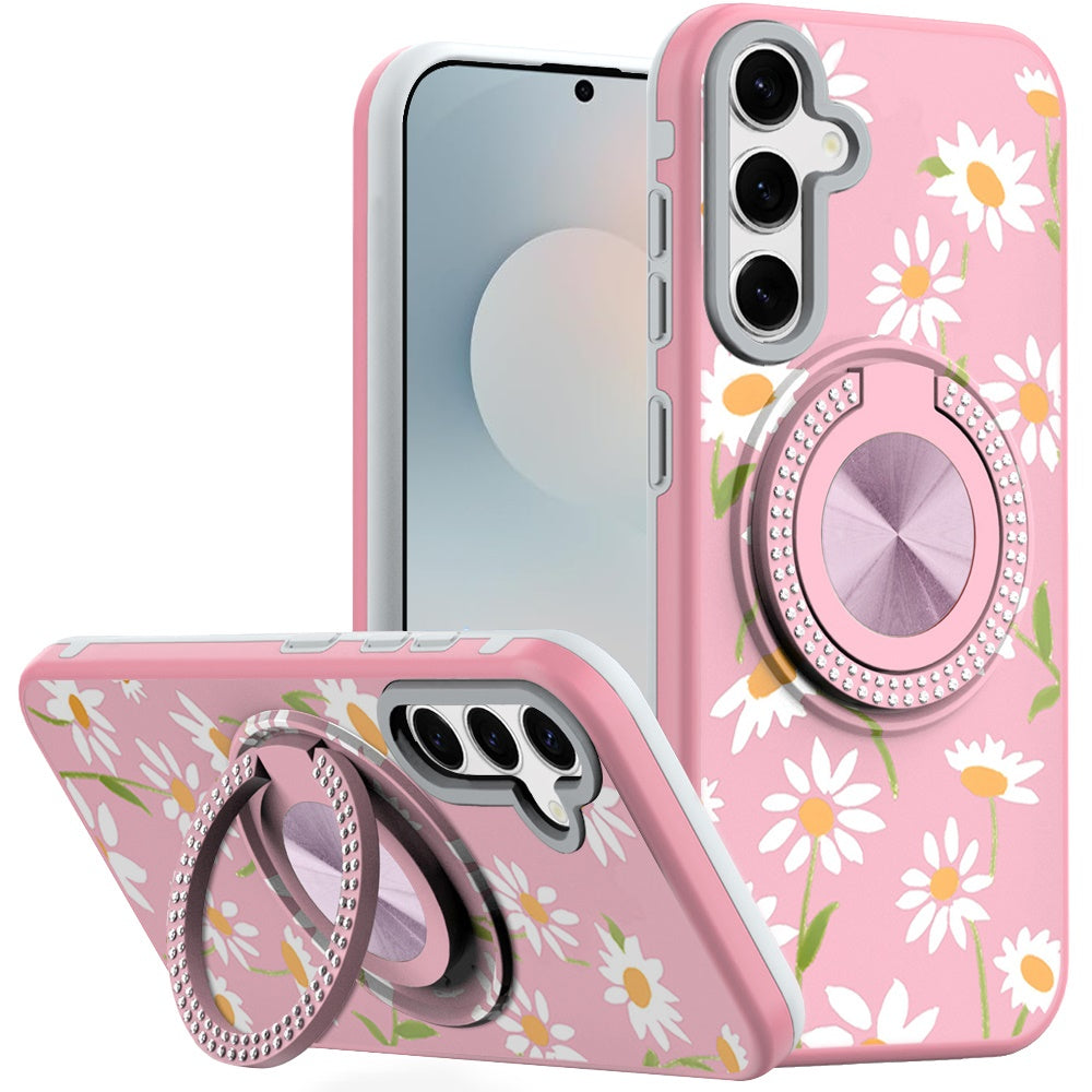 For Samsung S25 FE Case Printed Magnetic Bling Ring Stand Cover + Tempered Glass
