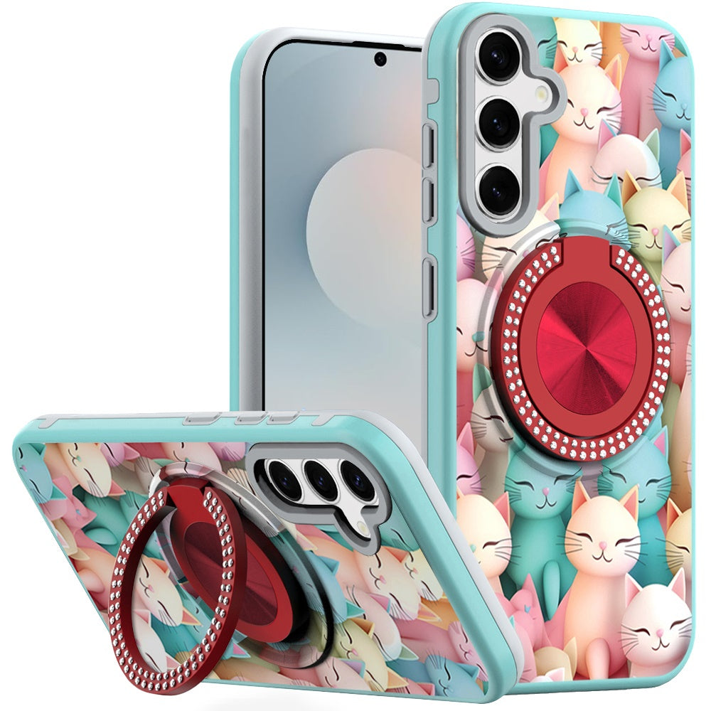For Samsung S25 FE Case Printed Magnetic Bling Ring Stand Cover + Tempered Glass