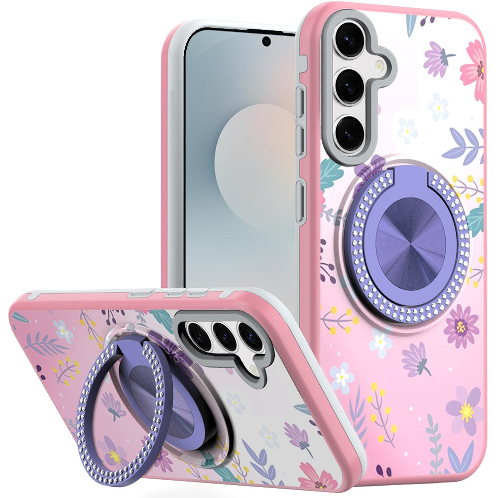 For Samsung S25 FE Case Printed Magnetic Bling Ring Stand Cover + Tempered Glass