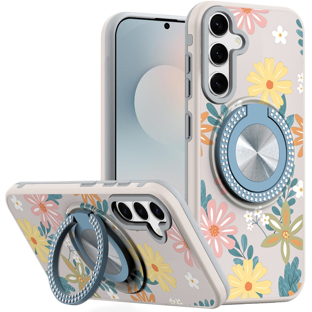 For Samsung S25 FE Case Printed Magnetic Bling Ring Stand Cover + Tempered Glass